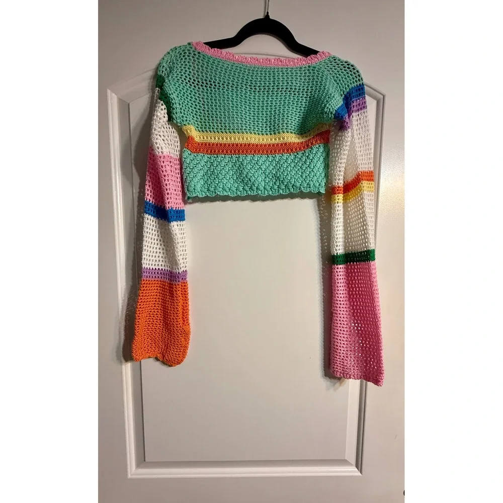 Handmade Crochet Crop Top Small Multicolor Rainbow Flare Sleeve Boho Festival